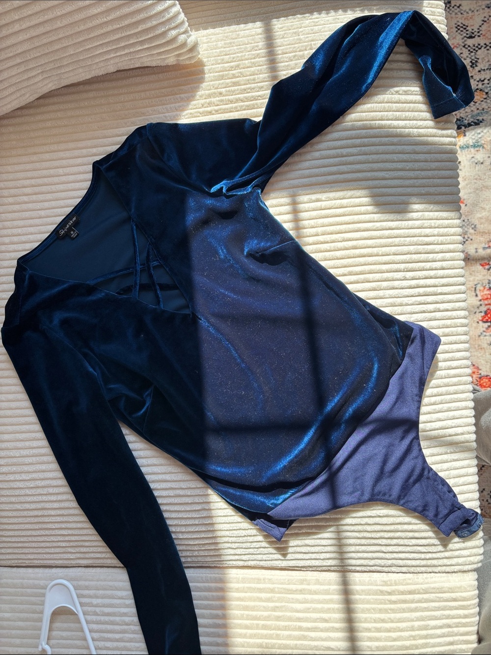 Shinestar Navy Blue Velvet Long-Sleeve Bodysuit with Crisscross V-Neck